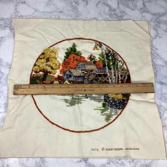 Vintage Mabry Mill Fall Autumn Needlepoint Tapestry Fabric Panel 19" x 20" - Picture 4 of 7